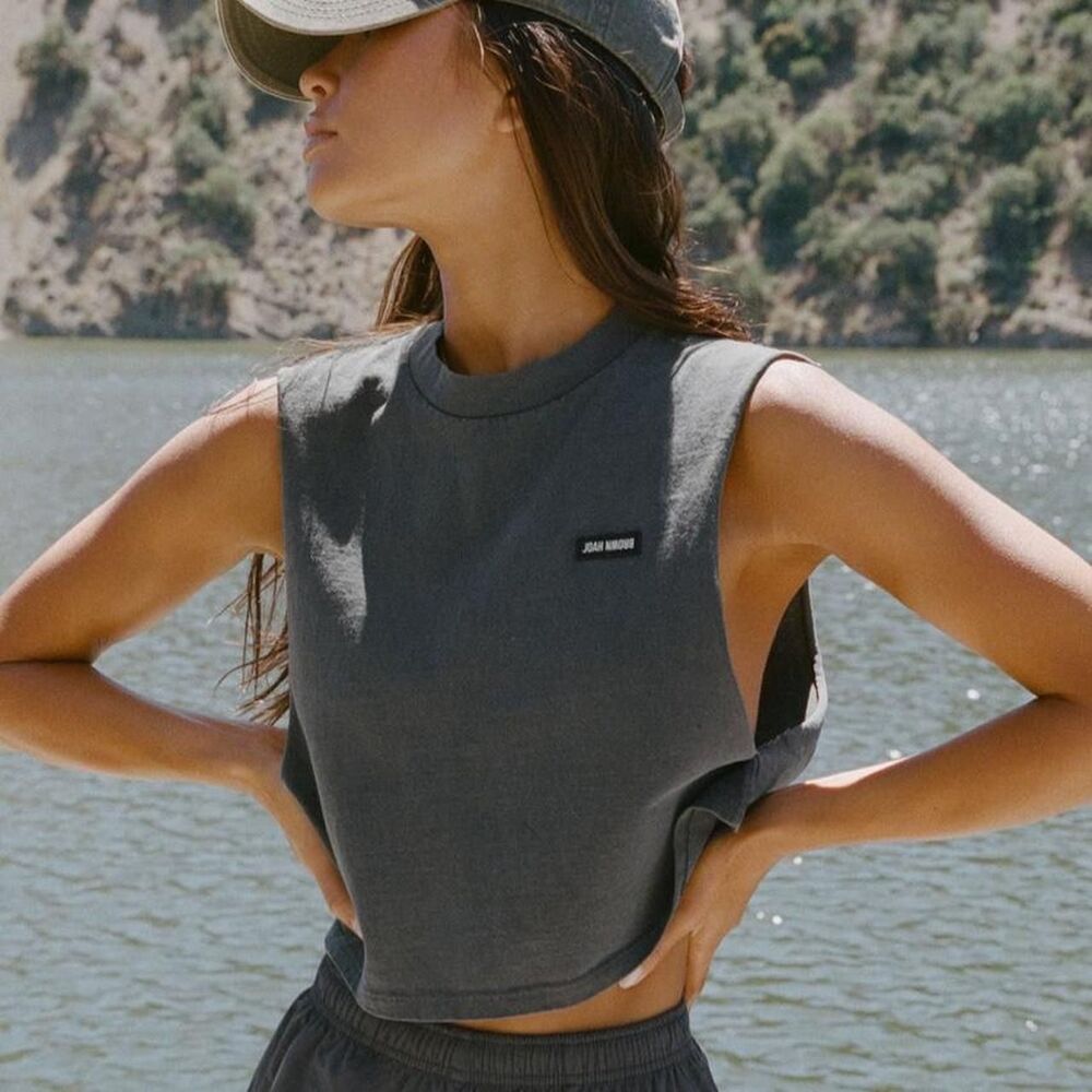 Joah Brown Cut Off Boyfriend Tank Washed Black M/L Gym Athleisure